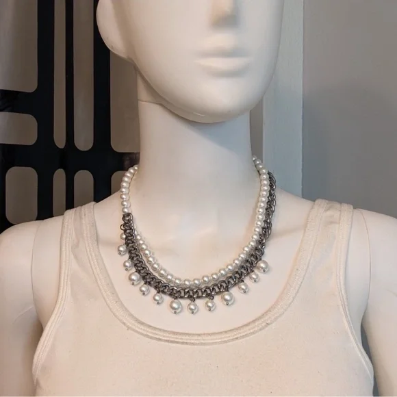 Edgy Pearl and Gunmetal Chain Fringe Sophisticated Bohemian Necklace